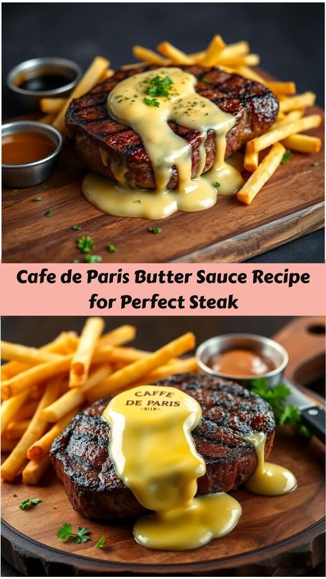 Café de Paris butter is a flavorful blend of herbs, anchovies, and spices that melts over steak, creating a rich, indulgent experience. Enjoy it with fries!  Cafe de paris butter sauce ingredients, Café de Paris sauce recipe Jamie Oliver, Original Café de Paris butter recipe easy, Cafe de Paris butter recipe bbc, Café de Paris sauce ingredients, Cafe de Paris butter ingredients, Café de Paris butter great british chefs, Entrecôte Café de Paris sauce recipe, Original Café de Paris butter recipe, Medium Rare Steak, Cooking The Perfect Steak, Rare Steak, Homemade Sauce Recipes, Great British Chefs, Bangers And Mash, Steak Frites, Perfect Steak, Crispy Fry