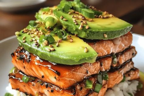 Teriyaki Salmon Avocado Rice Stack Recipe Avacado Rice, Salmon Avacado, Teriyaki Glazed Salmon, Avocado Rice, Salmon Rice, Teriyaki Glaze, Marinated Salmon, Salmon Avocado, Teriyaki Salmon