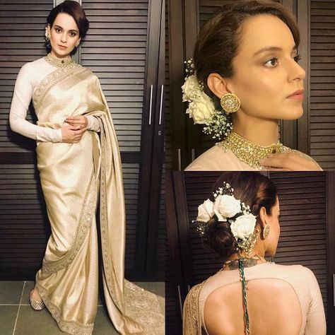 Convocation Ideas, Saree Hairstyle, Cocktail Sarees, Kangna Ranaut, Cream Saree, Beige Saree, Onam Outfits, Saree Hairstyles, Bridal Bun