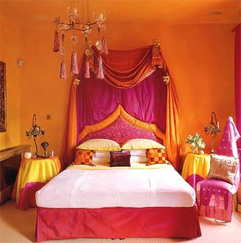 Pink and Orange bedroom, OMG OMG OMG!!  Love this!  Am I too old for this room??? Love it!!! Indian Style Bedrooms, Venetian Bedroom, Yellow Mood Board, Indian Style Bedroom, Indian Bedroom Design, Bedroom Indian, Indian Room, Indian Room Decor, Indian Bedroom