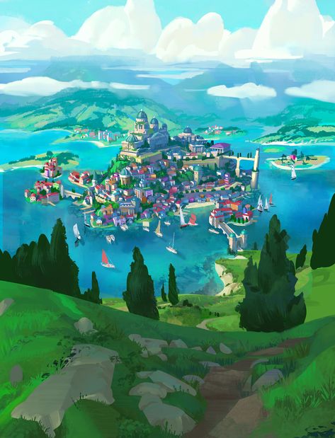 ArtStation - Island city , Tyler edlin Fantasy City Map, Bangunan Minecraft, Fantasy Town, Fantasy Island, City Drawing, Landscape Concept, Island City, Fantasy City, Fantasy Setting