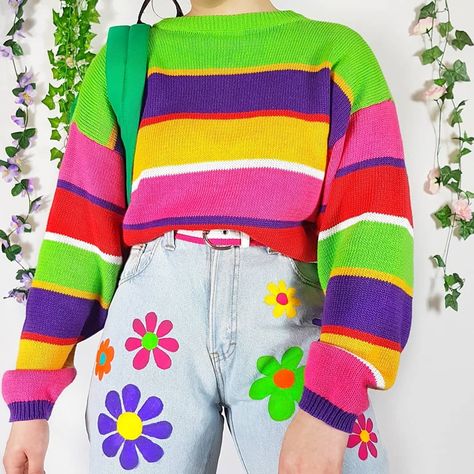 Denise 🍑 on Instagram: “Im feeling like a pack of sour skittles today with this outfit and i couldn't be happier about that 💚💜💛🧡💙” Sleeves Sweater, Casual Cardigans, Swimwear Cover Ups, Swimwear Girls, Color Stripes, Fashion Colours, Retro Outfits, One Piece Swimwear, Sweater Fashion