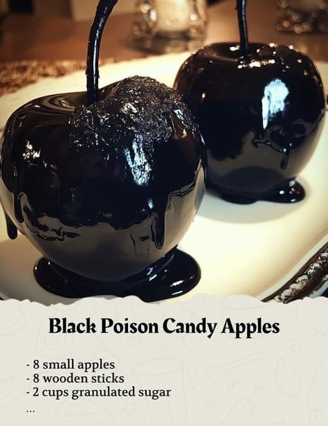 Black Poison Candy Apples Ingredients - 8 small apples - 8 wooden sticks - 2 cups granulated sugar - 3/4 cup water - 1/2 cup light corn syrup - 1/4 teaspoon black gel food coloring - 1/4 teaspoon cinnamon flavoring (optional) Directions 1. Wash and dry the apples thoroughly. Insert the wooden sticks into the top of each apple and set them aside on a parchment-lined baking sheet. 2. In a medium saucepan over medium-high heat, combine the sugar, water, and corn syrup. Stir occasiona... Black Poison Aesthetic, Black Candy Apples, Poison Aesthetic, Halloween Candy Apples, Halloween Dessert Table, Candy Apple Recipe, Spooky Snacks, Easy Halloween Food, Halloween Food Treats