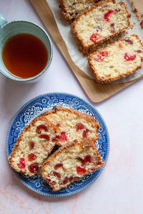 This old fashioned cherry and coconut cake is very easy to make and is perfect with a cup of tea to cheer up a grey, dull afternoon! Cherry Coconut Cake, 2lb Loaf Tin Cake Recipes, Farmhouse Fruit Cake Recipe, Cherry And Coconut Cake, Coconut Loaf Cake, Easy Cakes To Make, Coffee And Walnut Cake, Cherry Coconut, Ginger Biscuits