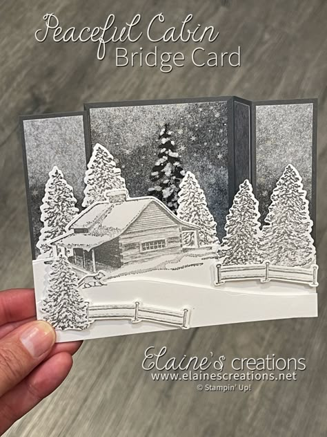 Peaceful Cabin Cards, Stampin Up Peaceful Cabin, Bridge Cards, Bridge Card, Fancy Fold Card Tutorials, Gatefold Cards, Window Cards, Handmade Christmas Cards, Card Folds