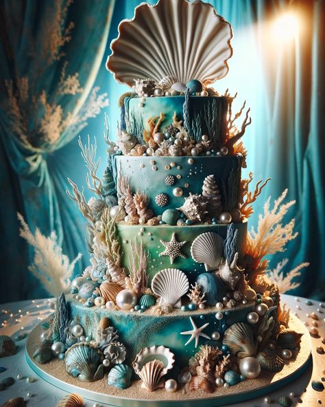 Sea inspired wedding Cake… #wedding #weddingcake #weddinginspiration #ai #aiart #aiartcommunity #aiartwork #aiartist #digitalart #digitalillustration #sea #ocean Extravagant Desserts, Under The Sea Cakes, Sea Inspired Wedding, Ocean Wedding Cake, Ocean Cake, Extreme Cakes, 9th Birthday Cake, Unique Cakes Designs, Ocean Cakes