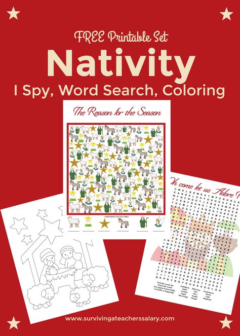 Free Nativity coloring page printable with I Spy math worksheet and word search - all with a nativity scene theme! Great holiday activity during class or parties at school and church to keep the kids busy. Quiet Christmas Activities For Kids, Nativity Worksheets For Kids, Nativity Activities For Kids, Nativity Worksheets Free Printable, Sunday School Christmas Party Games Free Printable, Bible I Spy Printable, Nativity Bingo Printable Free, Nativity I Spy Free Printable, I Spy Nativity Printable