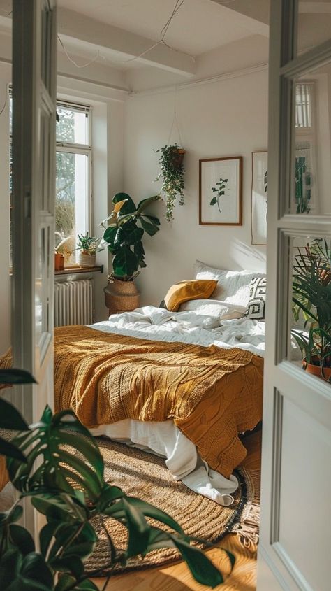 Studio Boho Decor, Earth Apartment Decor, Small Apartment Boho Decor, Bedroom Inspirations Earth Tones, Apartment Aesthetic Cozy Bedroom, Tulum Style Bedroom, Sunny Bedroom Aesthetic, Bedroom With Plants Aesthetic, Home Bedroom Refresh