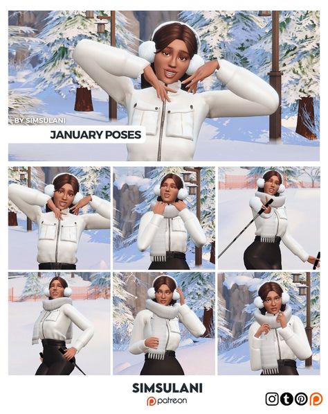 #412 Pose Pack | January Poses (free❤️) | Patreon Sims 4 Ski Clothes, Sims 4 Winter Poses, Sims 4 Korean Cc Clothes, Sims 4 Winter Cc, Sims 4 Couple Poses, Sims Poses, Ts4 Poses, Winter Maxi, 4 Poses