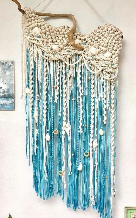 Macrame Aesthetic Room, Beach Macrame Wall Hangings, Seashell Macrame Necklace, Shark Macrame, Sea Macrame, Macrame Sea, Vintage Macrame Wall Hanging, Diy Macrame Projects, Ocean Wall Hanging