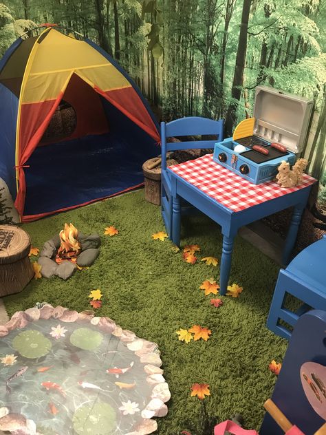 Early Years Camping Activities, Outdoor Role Play Area, Campsite Dramatic Play Preschool, Fishing Dramatic Play, Camping Pretend Play, Ikea Tree, Home Daycare Setup, Camping Dramatic Play, Eyfs Outdoor