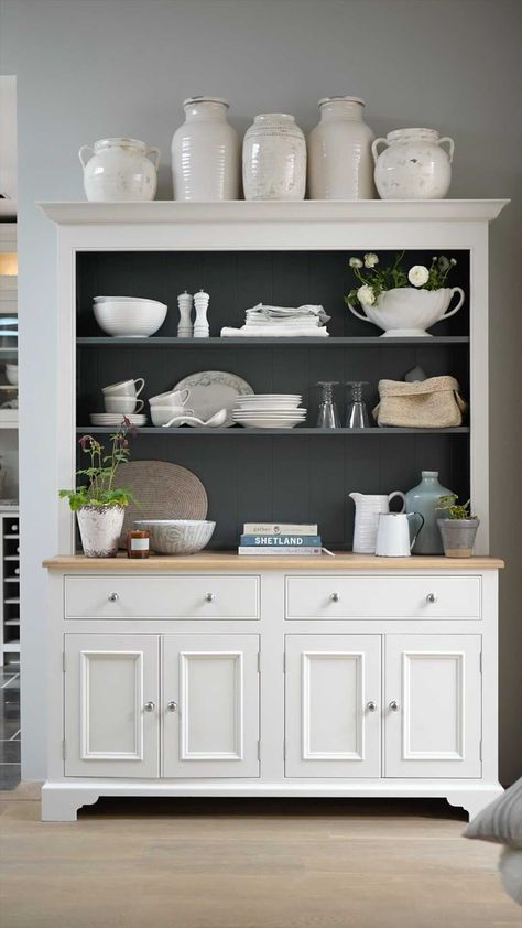 Neptune on Instagram: “Looking for ways to change up or reorganise your dresser? Our stylist Ailie shows you how to arrange the shelves and cupboards of a…” Country Kitchen Dresser Display, Kitchen Dresser Decor, Kitchen Dresser Styling, Kitchen Dresser Display, Modern Kitchen Dresser, Neptune Home, Dresser Styling, Kitchen Conservatory, Hamptons Kitchen