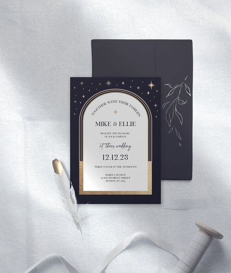 Black & Gold Celestial Save the Date, Gold Arch Invite, Moon and Stars Theme, Moon Goddess Celestial Shower, Black and Gold, Tarot Mystical Wedding, Star Pendant Lighting, Shower Black, Boho Arch, Moon Baby Shower, Moon Wedding, Celestial Wedding, Reception Signs, Tropical Leaf Print