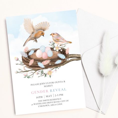 Birds Nest Spring Easter Floral Baby Gender Reveal Invitation Pink Eggs, Baby Shower And Gender Reveal, Birds Sitting, Gender Reveal Party Invitations, Baby Birds, Baby Gender Reveal Party, Easter Floral, Birds Nest, Gender Reveal Invitations