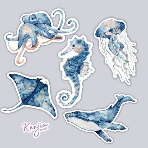 5 pcs Sticker Pack Underwater Creatures, Waterproof and Dishwasher Safe Handmade cute V #StickerPrinting Scrapbook Sea Theme, Sea Stickers Aesthetic, Morsko Dno, Medusa Animal, Book And Laptop, Uchiha Wallpaper, Blue Scrapbook, Gift Planner, Sticker Business