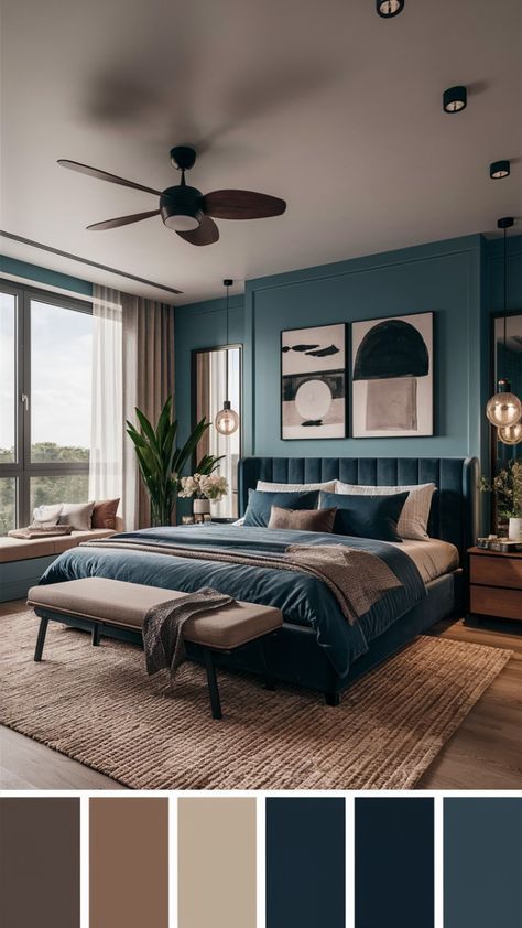 Aesthetic Color For Room, Navy Blue And Green Bedroom Ideas, Navy Blue And Taupe Bedroom, Cozy Wall Colors Bedroom, Dark Blue Rooms Ideas, Bedroom Colour Pallets, Blue And Dark Wood Bedroom, Aesthetic Blue Bedroom Ideas, Dark Blue Bedroom Design