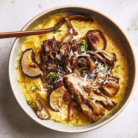 39 Polenta Recipes for Creamy (or Crispy!) and Delicious Comfort Food | Epicurious Baked Polenta, Polenta Recipes, Thyme Recipes, Roasted Vegetable Recipes, How To Cook Mushrooms, Roasted Mushrooms, Vegetarian Cooking, Cereal Recipes, Vegetarian Recipes Dinner