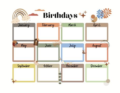 "PRINTABLE Kids Birthday Monthly Calendar, Kids Boho Cute Birthday Monthly Calendar, Printable Planner Birthday Calendar This cute Boho-themed Birthday Monthly Calendar will help you remember every all of your family's birthdays!  -=-=-=-= DIGITAL PRODUCT INFORMATION =-=-=-=- Letter size (8.5 x 11 in) A4 size (8.27 x 11.69 in) A5 size (5.83 x 8.27 in) -=-=-=-= THIS IS A DIGITAL PRODUCT =-=-=-=- You will receive your digital file after buying! No waiting and no shipping fees. Once purchased, it's yours to keep forever! No physical product will be shipped. -=-=-=-= HOW TO DOWNLOAD AND PRINT =-=-=-=- 1. Once your payment is complete, you will see your download link under Purchases in your account. You will also receive an email confirmation to view your files on Etsy. Processing may take a co Birthday Calendar Template, Class Birthdays, Birthday Calendar, Printable Kids, Letter Format, Monthly Calendar Printable, Boho Kids, Happy Birthday To Us, Kids Calendar