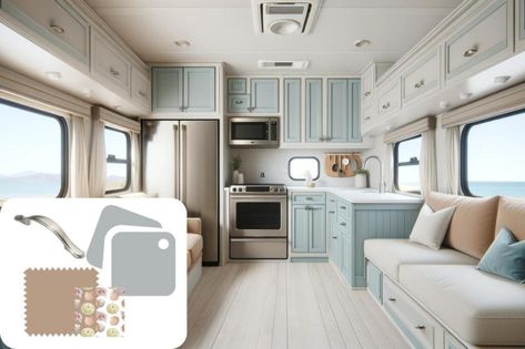 10 Chic RV Color Schemes for your Camper Remodel Rv Color Schemes, Interior Paint Ideas, Rv Updates, Camper Renovations, Trailer Makeover, Decorating Your Rv, Camper Remodeling, Camper Redo, Kitchen Cabinet Inspiration