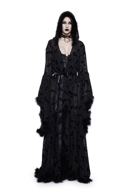 Sexy Womans Halloween Costume Flocked Bat Sheer Marabou Robe - Black Witchs Robe, Good Witch Dress, Demon Fashion, 1920s Goth, 2000 Halloween Costumes, Witch Clothes, 70s Goth Fashion, Black Marabou Robe, Witch Costume Ideas