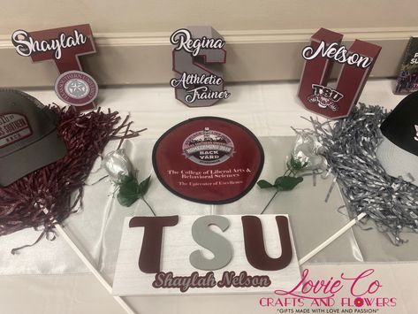 Hey Everybody! This is for Day Six! 3D Letters and a TSU Sign with the Graduate’s Name on it! The 3D Letters are great for all occasions and can be designed in a numerous ways. #graduationpartyfavors #graduationpartydecoration #graduationpartyideas #graduation #graduationparty #graduation2022 #vinyl #design #cardstock #papercrafting #facebook #instagram #diy #pinterest #loviecocraftsandflowers #3dletters #3d #TSU #texassouthernuniversity #TexasSouthernUniversity #grey #maroon #sign Tsu Graduation Party, Fsu Graduation Party Ideas, Maroon And Silver Graduation Party Ideas, Maroon And Gray Graduation Party, Graduation Party Maroon And Gold, College Graduation Party Ideas For Guys Decoration Center Pieces, Graduation Table Decorations, Graduation Tables, Behavioral Science