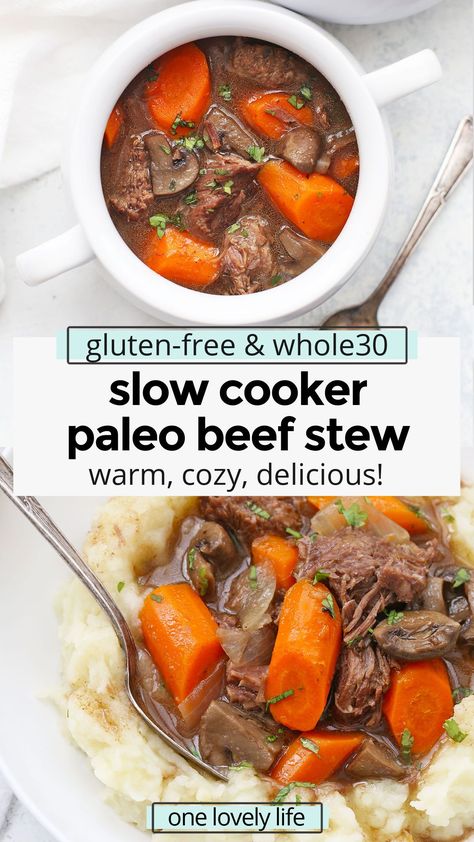 Slow Cooker Beef Stew - This paleo beef stew couldn't be easier! Let the slow cooker do the work and enjoy a cozy Whole30 dinner! (Paleo & Whole30 Friendly) // crock pot beef stew // whole30 beef stew // paleo beef stew recipe // healthy beef stew // crockpot beef stew // crockpot paleo beef stew // paleo stew recipe Healthy Beef Stew Crockpot, Paleo Stew Recipes, Beef Stew Paleo, Healthy Beef Stew, Beef Stew Recipe Healthy, Paleo Stew, Beef Stew Crock, Crock Pot Beef Stew, Paleo Beef Stew