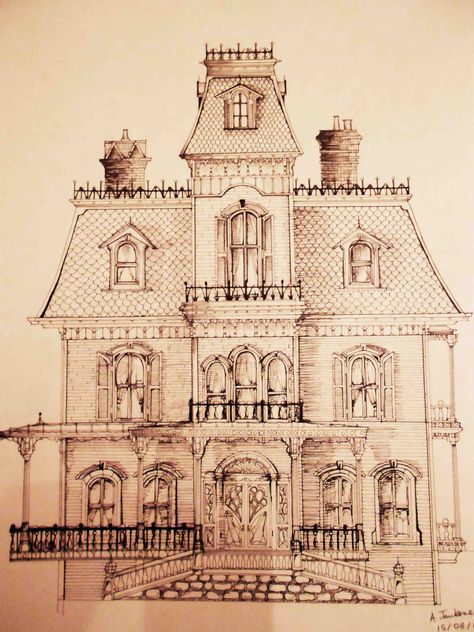 Phantom Manor Disneyland Paris sketch Haunted Mansion Drawing, Haunted Mansion Layout, Disney Haunted Mansion Coloring Pages, Disney Phantom Manor, Haunted Mansion Blueprint, Munsters House, Paris Sketch, Haunted House Drawing, Vintage Mansion