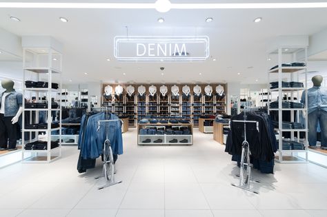 DENIM Denim Merchandising, Rustic Retail Store Design, Retail Store Design Boutiques, Pink Travertine, Jeans Display, Denim Wall, Denim Display, Denim Boutique, Retail Design Display