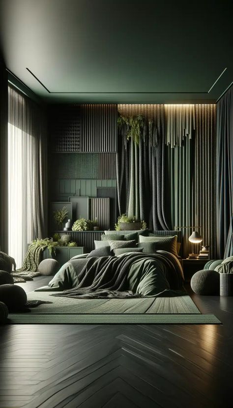 25 Inspiring Dark Green Bedroom Ideas for a Refreshing Change Rich Bedroom Colour Schemes, Dark Green Bedroom Paint, Grey Green Bedroom, Dark Green Bedroom Decor, Coloured Ceiling, Green Upholstered Bed, Dark Green Bedroom Ideas, Green Room Colors, Dark Green Bedroom