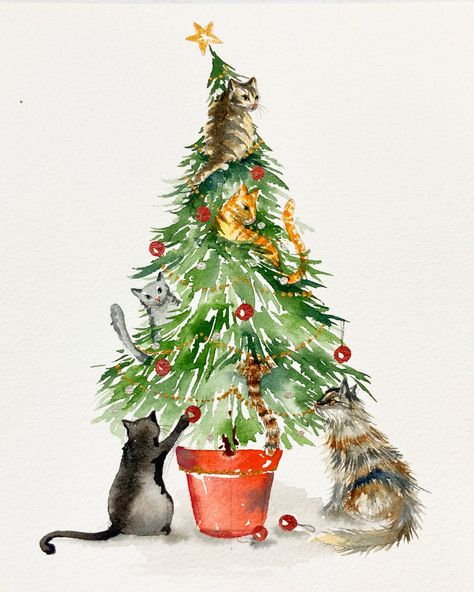 Learn to paint the ultimate christmas gift for any cat lover! Watch my watercolour tutorial by clicking the link and learn to paint cats of all kinds and christmas trees! #watercolour #cat #catsofinstagram #catlovers #christmastree #christmascardsdiy Cat In Christmas Tree Drawing, Christmas Drawings Watercolor, Cat Christmas Tree Illustration, Cat Tree Drawing, Cats Christmas Tree, Watercolour Inspiration Christmas, Christmas Drawing Inspiration, Watercolour Painting Christmas, Christmas Painting Projects