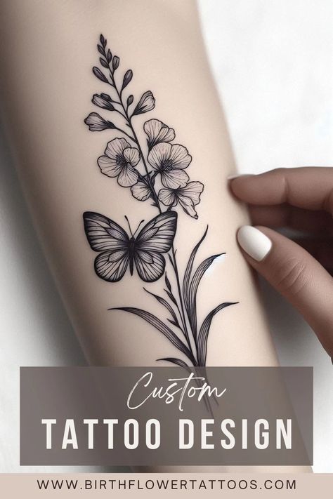 🌼✨Larkspur Flower and Butterfly Tattoo - Elegant July Birth Flower Doodle Design✨🌿 Larkspur And Water Lily Tattoo, July Flower Tattoo, Larkspur Flower Tattoo, Flower Butterfly Tattoo, Larkspur Flower Tattoos, Flower And Butterfly Tattoo, Larkspur Tattoo, Water Lily Tattoos, Butterfly With Flowers Tattoo