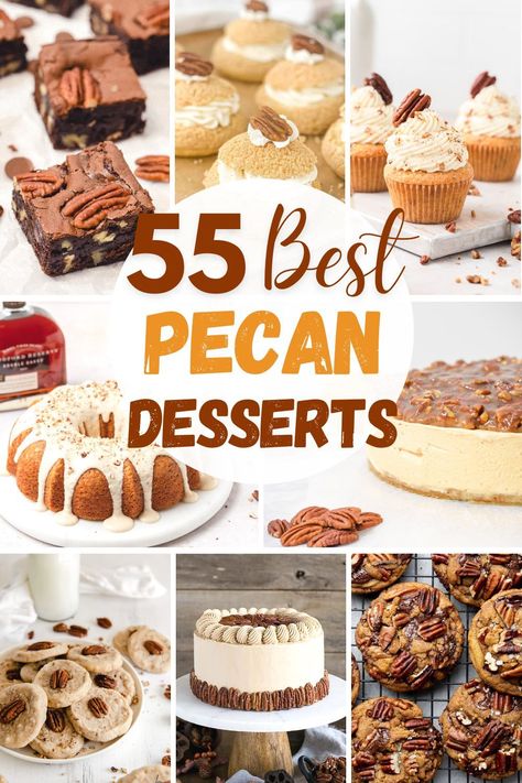 A collage of the best pecan dessert recipes Desserts With Pecans, Pecan Dessert Recipes, Cheesecakes Cupcakes, Roasted Pecans Recipe, Pecan Desserts Recipes, Classic Pecan Pie, Desserts With Few Ingredients, Pecan Desserts, Brownies Cookies