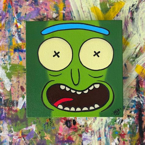 Rick And Morty Canvas Painting Easy, Pickle Rick Painting Canvas, Easy Characters To Paint, High Rick And Morty Paintings, Hello Kitty And Batman Painting, Rick And Morty Painting Acrylic, Small Square Canvas Painting Ideas Easy, Easy Rick And Morty Painting, Easy Big Paintings