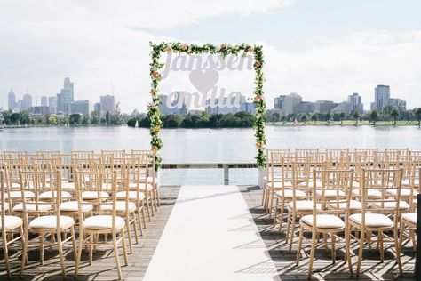 Gold chivari chairs and white carpet, stunning! - event styled by Style Co. Carousel Wedding, Gold Chivari Chairs, Laser Cut Signage, Floral Archway, Bridal Party Flowers, Floral Signs, Arch Flowers, Wedding Altars, Flowers In Jars