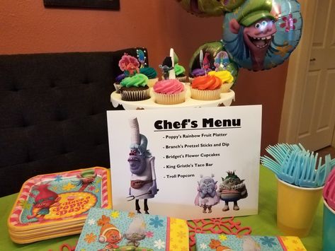 Trolls birthday party menu Trolls Movie Night Food, Trolls Dinner And A Movie, Trolls Themed Dinner, Trolls Themed Birthday Party Food, Trolls Themed Food, Trolls 1st Birthday Party Girl, Trolls 3rd Birthday Party Ideas, Trolls Birthday Party Ideas Diy, Trolls Birthday Party Food