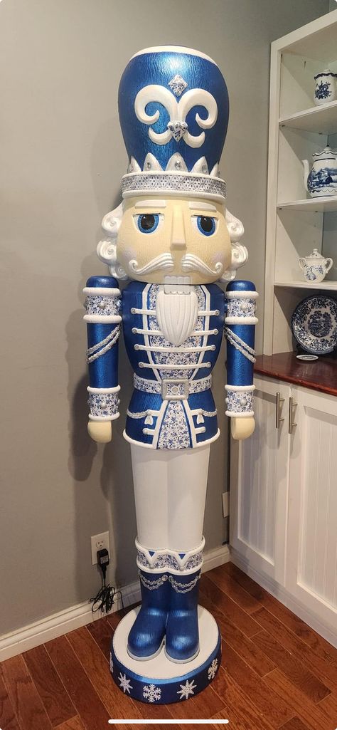 Blue And Silver Nutcracker, Blue And White Nutcracker, Blue Nutcracker Christmas, Blue Nutcracker, Nut Cracker Ideas, Walmart Nutcracker Diy, Diy Large Nutcracker, Nutcracker Design, Diy Nutcracker Soldier Outdoor