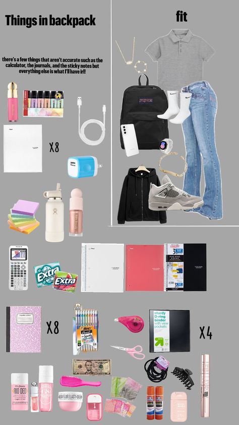 This is my irl back to school fit and what I will put in my backpack irl! #fyp #blowup #follow #backtoschool Back To School Cloths List, How To Pack A Backpack For School, What To Put In Ur Backpack, School Outfits With Backpack, Senior Year Backpack Essentials, What's In My Backpack School, What To Keep In Backpack, Stuff To Put In Your Backpack For School, What S In My Backpack