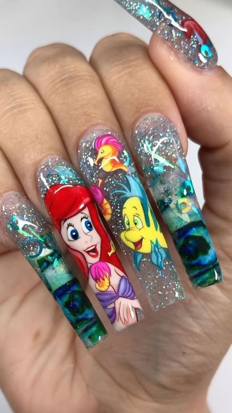 30 Pretty Long Nails to Inspire You Little Mermaid Nails, Hippie Nails, Nail Art Disney, Nail Polish Art, Mermaid Nails, Dope Nail Designs, Nail Art Designs Diy, Disney Nails, Nail Art Brushes