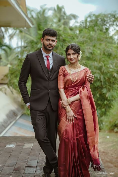 Best Couple portraits Wedding Couple Dress Indian Saree, Couple Poses In Sarees, Couple Poses Saree Photography, Reception Look For Couple, Simple Pose For Couple, Couple Pose In Saree For Photoshoot, Couple Pose For Wedding, Simple Marriage Look Indian, Latest Couple Poses