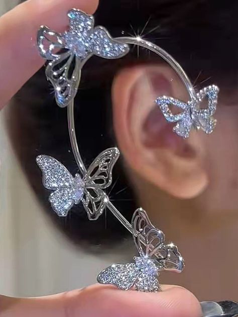 Silver Glamorous   Zinc Alloy  Ear Cuff Embellished   Jewelry Tassel Earing, Gold Ear Cuff, Butterfly Decorations, Butterfly Shape, Butterfly Earrings, Sparkling Crystal, Butterfly Design, Earring Gifts, Crystal Earrings