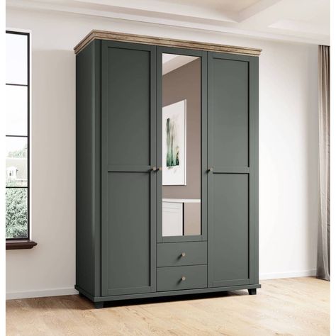 Discover the perfect blend of style and functionality with the Evora 19 Hinged Wardrobe in Abisko Ash & Oak Lefkas. Measuring 154cm in width and 216cm in height, this wardrobe offers a sophisticated storage solution featuring six shelves, one hanging rail, and two drawers, all designed to meet the storage needs of the modern user. The unique colour combination and high-quality laminated board construction ensure durability and a premium look. At the same time, the glass door adds a touch of eleg Dark Green Closet, Wardrobe Colour Ideas, Wardrobe Furniture Design, Green Wardrobe, Tall Wardrobe, Sophisticated Storage, Hinged Wardrobe, Living Room Armoire, Armoire Design