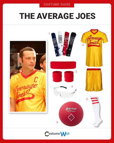 The best costume guide for dressing up like Peter LaFleur from the Average Joe's before stepping out on the court in the DodgeBall movie. Dodge Ball Costume Ideas, Dodgeball Costume Couple, Dodge Ball Costume, Average Joes Halloween Costume, Dodgeball Halloween Costume, Average Joes Costume, Dodgeball Party, Dodgeball Costume, Dodgeball Movie