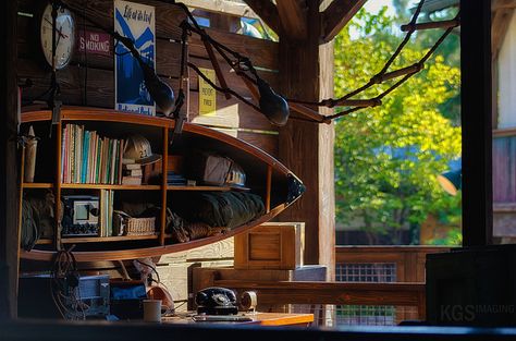 Grizzly Peak Station Bravo. Great atmosphere photo by #KyleSherman Ranger Station Decor, Canoe Bookshelf, Canoe Decor, Scout Aesthetic, West Coast House, Pink Breakfast, Canoe Plans, Disneyland Resort Hotel, Ranger Station