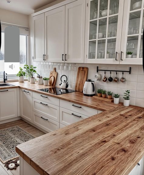 Small Modern Farmhouse Kitchen Ideas, Boho Kitchen Countertop, Kitchen Remodel Wood Countertops, White Wood Cabinets Kitchen, White And Brown Farmhouse Kitchen, Small Vintage Kitchen Remodel, White Kitchen Wooden Countertop, Cream Cabinets With Butcher Block Top, Clean Aesthetic Kitchen