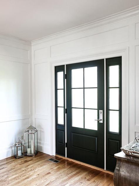 Black Interior Front Door, Door Trim Ideas, Dark Front Door, Tunnel Entrance, Interior Front Door, Front Door Inspiration, New Front Door, Front Door Interior, Decorative Molding