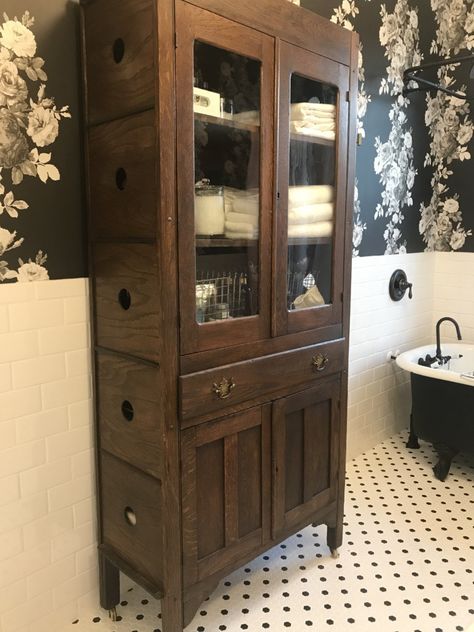 Small Historic Bathroom, Vintage Bathroom Storage Cabinet, Antique Modern Bathroom Ideas, Small Dresser For Bathroom Storage, Antique With Modern, Antique Cupboard In Bathroom, Victorian Bathroom Cabinet, Victorian Bathroom Storage, Bathroom Antique Cabinet