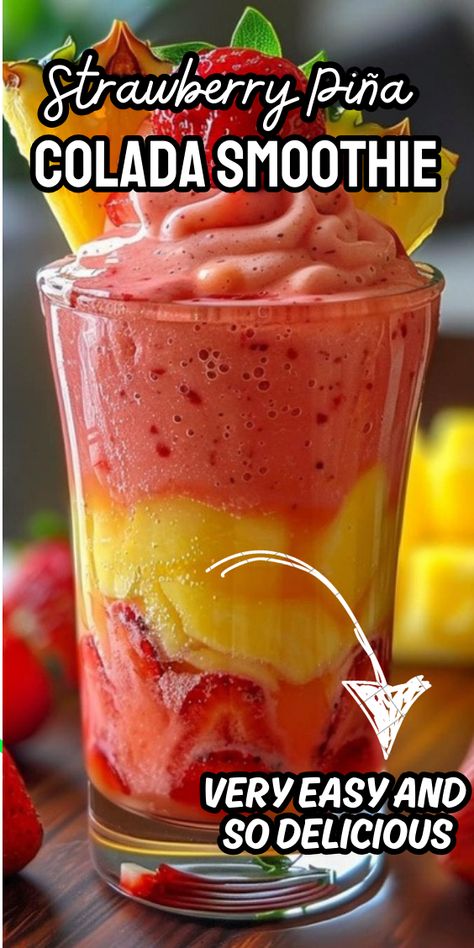 Strawberry Piña Colada Smoothie Strawberry Pina Colada Smoothie, Pins Colada Smoothie, Pina Colada Smoothie Healthy, Frozen Strawberry Smoothie, Strawberry Pina Colada, Pina Colada Smoothie Recipe, Piña Colada Smoothie, Peach Smoothie Recipes, Frozen Fruit Smoothie