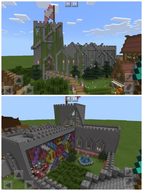 if your castle is kinda plain you could give it some details by adding some sharp arches in front of it and some vines like i did  the stained glass window, the fountain and the maze are ideas from minecraft construction handbook Minecraft Stained Glass Window Designs, Minecraft Stained Glass Window, Minecraft Stained Glass Designs, Minecraft Small Castle, Stained Glass Window Designs, Small Castle, Mc Ideas, Small Castles, Are Ideas