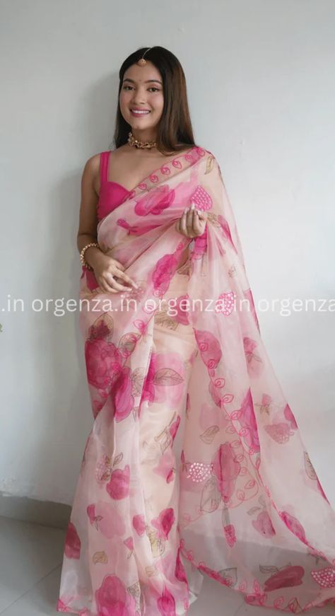 Pink Saree Aesthetic, Floral Saree Blouse, Saree Aesthetic, Floral Organza Saree, Saree Draping Styles, Wedding Saree Blouse, Wedding Saree Blouse Designs, Floral Saree, Fancy Sarees Party Wear