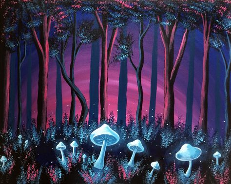 Mushroom Forest Mushroom Forest, Trippy Painting, Paint Nite, Canvas Painting Landscape, Forest Painting, Forest Art, Mushroom Art, Trippy Art, Hippie Art